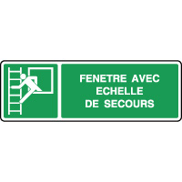 Plaque et autocollant Fenêtre de secours avec échelle de secours (droite)  format horizontale avec texte