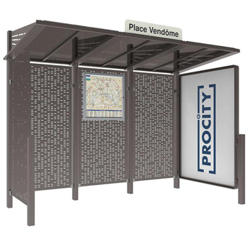 Abri bus Conviviale t�le acier vitrine droite et bardage gau
